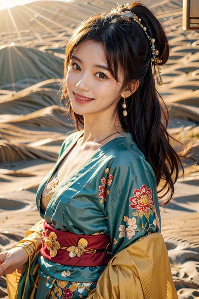 A beautiful smiling woman in a kimono in the sunlit desert