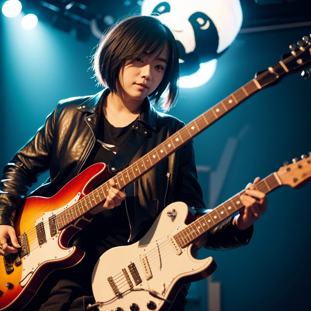 Panda wearing a leather jacket and playing guitar in the studio
