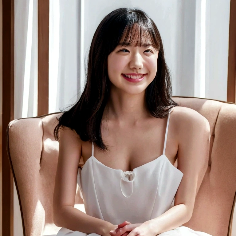 black hair, shiny hair, wide eyes, pupils sparkling, smile, light smile, laughing, Surrealism, modern, Hyperrealism, Verism, cinematic lighting, UHD, retina, masterpiece, ccurate, anatomically correct, textured skin, super detail, high details, high quality, best quality, highres, 1080P, HD, 4K, 8k、1 woman、20old woman、((wariza、sitting on the bed:1.5))、Tight Skirt、mini skirt:1.5、((Panties are visible from the skirt:1.3))、white panties、lace panties、thin panties