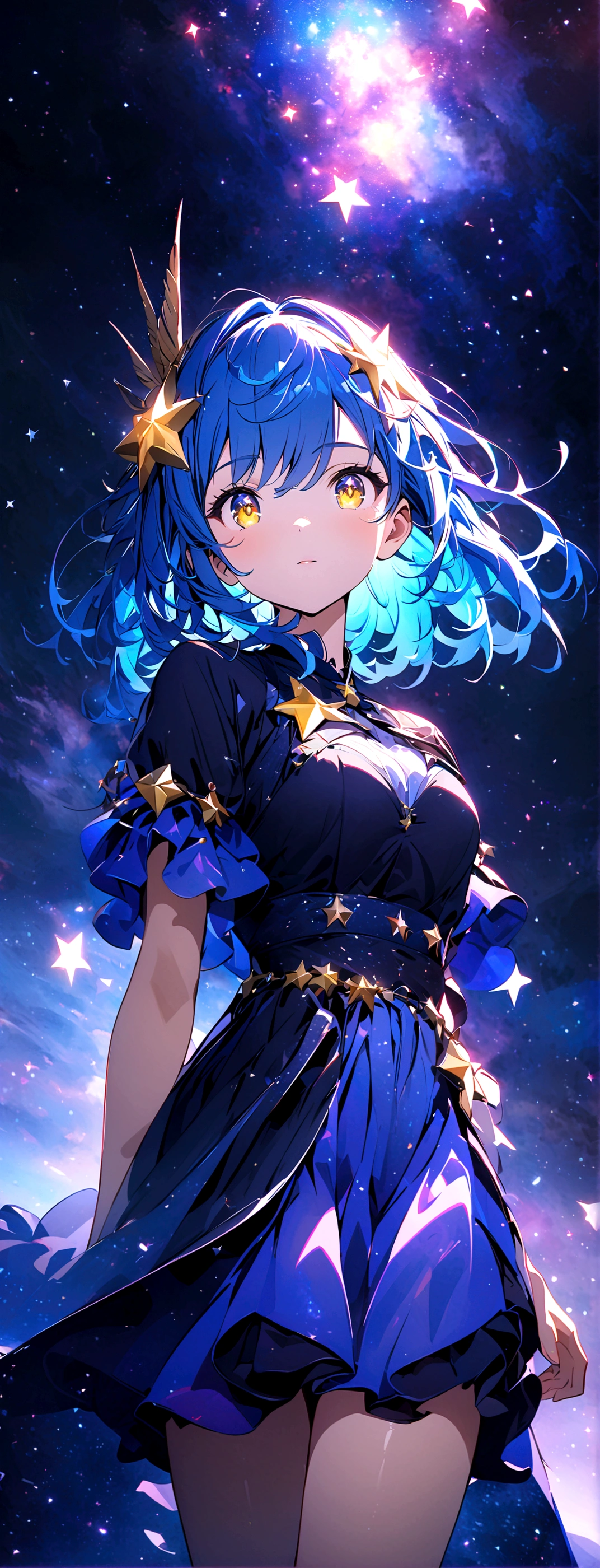 anime style, 8k, top quality, Masterpiece, super detailed, A beautiful star-themed girl with large yellow eyes and blue hair adorned with star accessories, standing in a night sky filled with glowing stars and floating light particles. The background features a cosmic scene with blue and purple hues. Her eyes reflect the stars and the universe, enhancing her gentle and hopeful expression. She wears a simple and cute outfit that flows with the wind. Created Using: bright and transparent colors, soft light reflections, detailed rendering, starry eye reflections, hd quality, vivid style