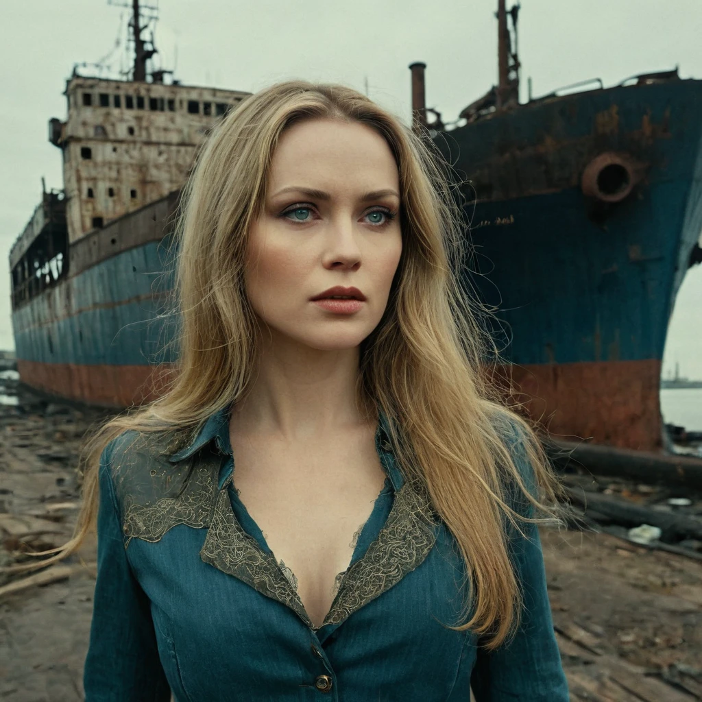 vintage pulp illustration, dramatic lightging, fine details, depth of field, focus an a alluring 35 yo woman, pale skin, ((evil slavic woman)), long dark blond hair, hair cover side of face, walking, intricate details of a post-apocalyptic harbour, rule of the third, destroyed freighter grounded, abandoned, no man's land, empty, wreckage, polluted air, fog, from front, blue pants, full body, green eyes,