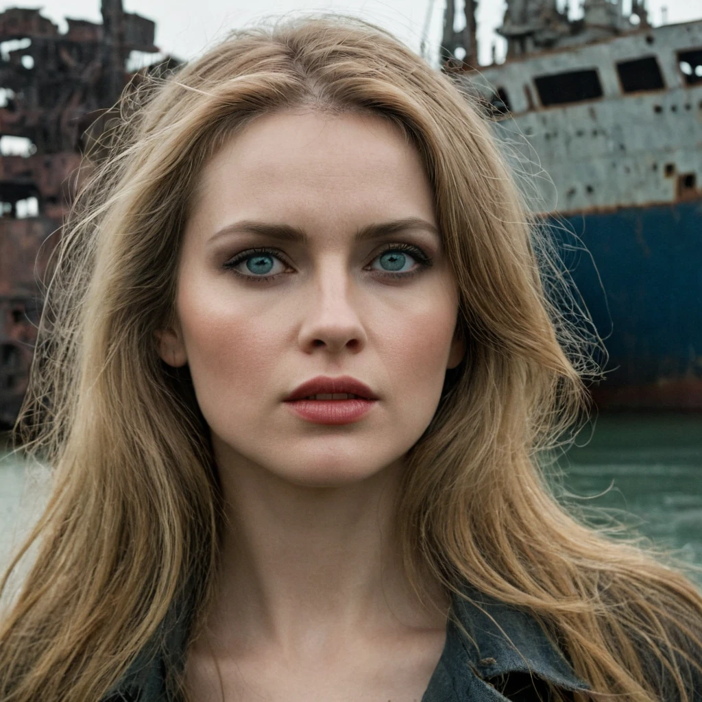vintage pulp illustration, dramatic lightging, fine details, depth of field, focus an a alluring 35 yo woman, pale skin, ((evil slavic woman)), long dark blond hair, hair cover side of face, walking, intricate details of a post-apocalyptic harbour, rule of the third, destroyed freighter grounded, abandoned, no man's land, empty, wreckage, polluted air, fog, from front, blue pants, full body, green eyes,