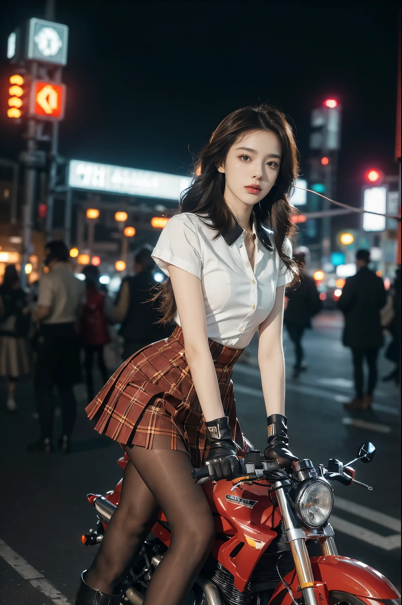 (((best quality))),(((ultra detailed))),(((masterpiece))),illustration,(1 beautiful girl,solo),((slim,thin)),((small breasts,flat chest)),(safety helmet:1.3),shoulder length straight hair,slender legs,cyberpunk, urban street,high school student, JK outfit,(riding on a motorcycle:1.3), sleek, (white collared short-sleeved shirt:1.3),(gloves:1.2),(red checkered pleated skirt:1.3),(pantyhose:1.3), stylish boots, confidence, determination, dark streets,neon lights, skyscrapers, urban noises, traffic, sirens, city sounds, futuristic, dystopian society, technology, fashion, explosive cocktail, style, , modernity, attitude, spirit, anything is possible,from front
