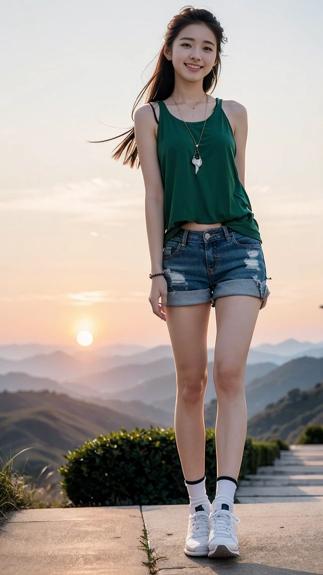 (masterpiece, top quality, best quality,1girls,Korean, beautiful face, smile, long hair, 19 years old, tank top, shorts, White shoes, hills, full body view, sunset,