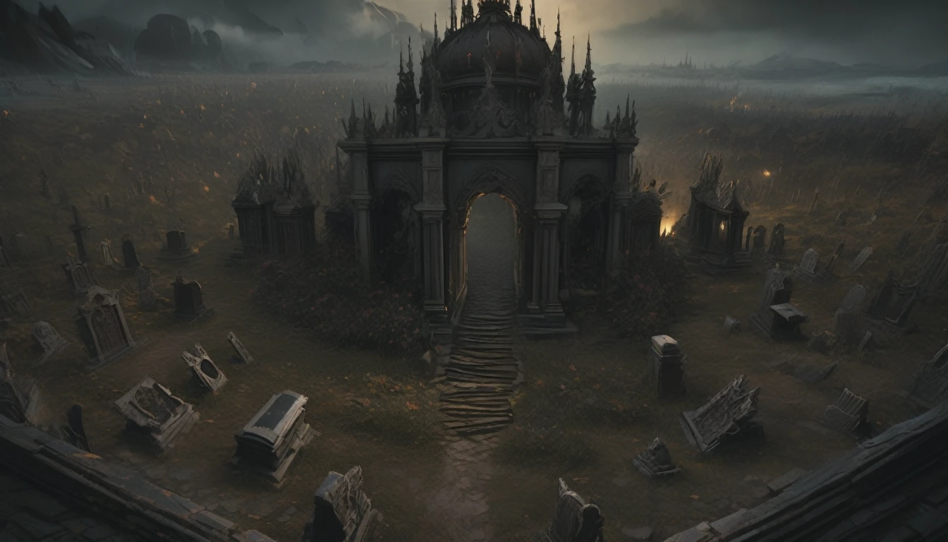 A death metal artwork/ a dead hand merging from cemetary ground/ dozen of old sepultures in the background/ gloomy light from above/""detailed matte painting, deep color, fantastical, intricate detail, splash screen, complementary colors, fantasy concept art, 8k resolution trending on Artstation Unreal Engine 5