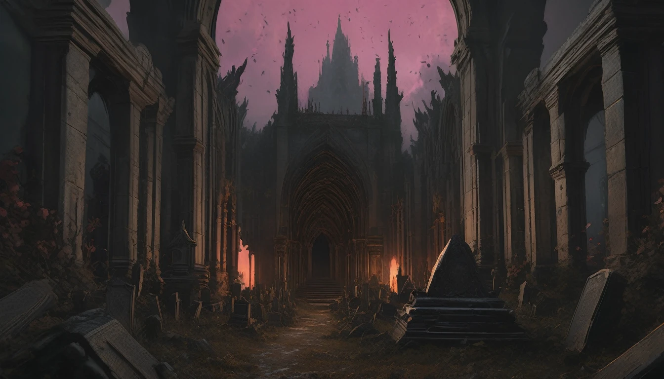 A death metal artwork/ a dead hand merging from cemetary ground/ dozen of old sepultures in the background/ gloomy light from above/""detailed matte painting, deep color, fantastical, intricate detail, splash screen, complementary colors, fantasy concept art, 8k resolution trending on Artstation Unreal Engine 5