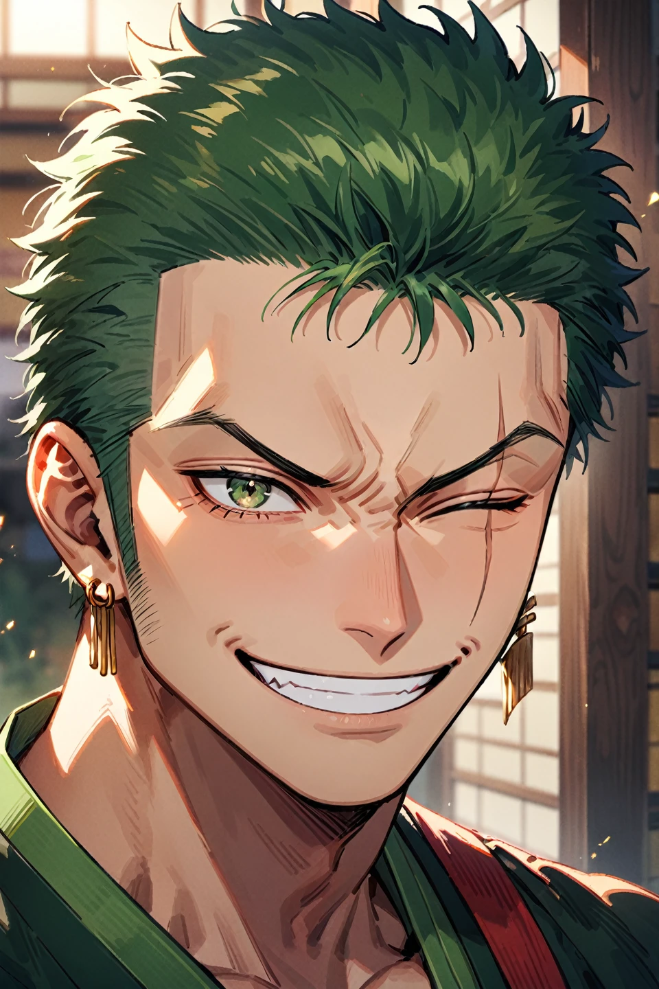 roronoa zoro, male focus, 1boy, smile, green hair, solo, scar across eye, earrings, jewelry, one eye closed, short hair, grin, portrait, japanese clothes, kimono, scar, looking at viewer, sideburns, scar on face, single earring, close up, green kimono --style 1 --preset 3, ((medium quality)), ((medium quality))