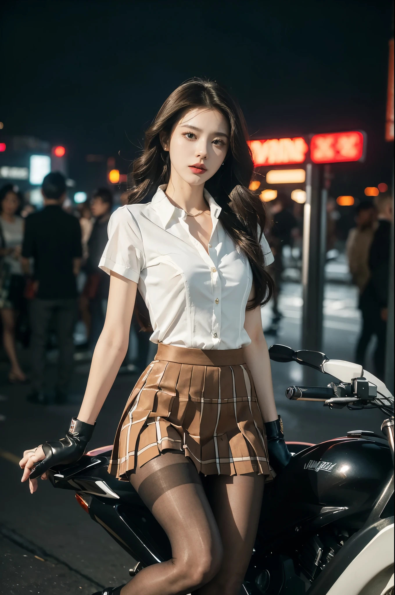 (((best quality))),(((ultra detailed))),(((masterpiece))),illustration,(1 beautiful girl,solo),((slim,thin)),((small breasts,flat chest)),(safety helmet:1.3),shoulder length straight hair,slender legs,cyberpunk, urban street,high school student, JK outfit,(riding on a motorcycle:1.3), sleek, (white collared short-sleeved shirt:1.3),(gloves:1.2),(red checkered pleated skirt:1.3),(pantyhose:1.3), stylish boots, confidence, determination, dark streets,neon lights, skyscrapers, urban noises, traffic, sirens, city sounds, futuristic, dystopian society, technology, fashion, explosive cocktail, style, , modernity, attitude, spirit, anything is possible,from front