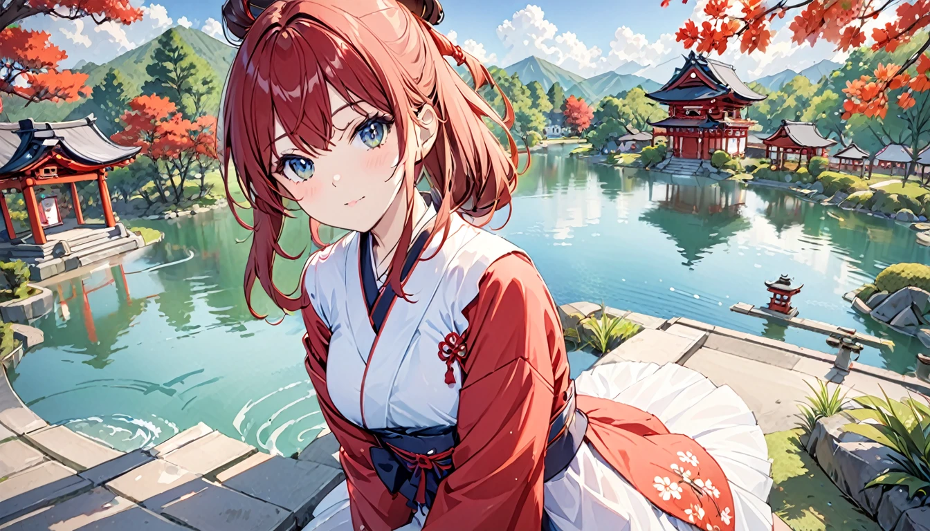1 girl, looking at the viewer, water, pool, lake, shrine, Require
