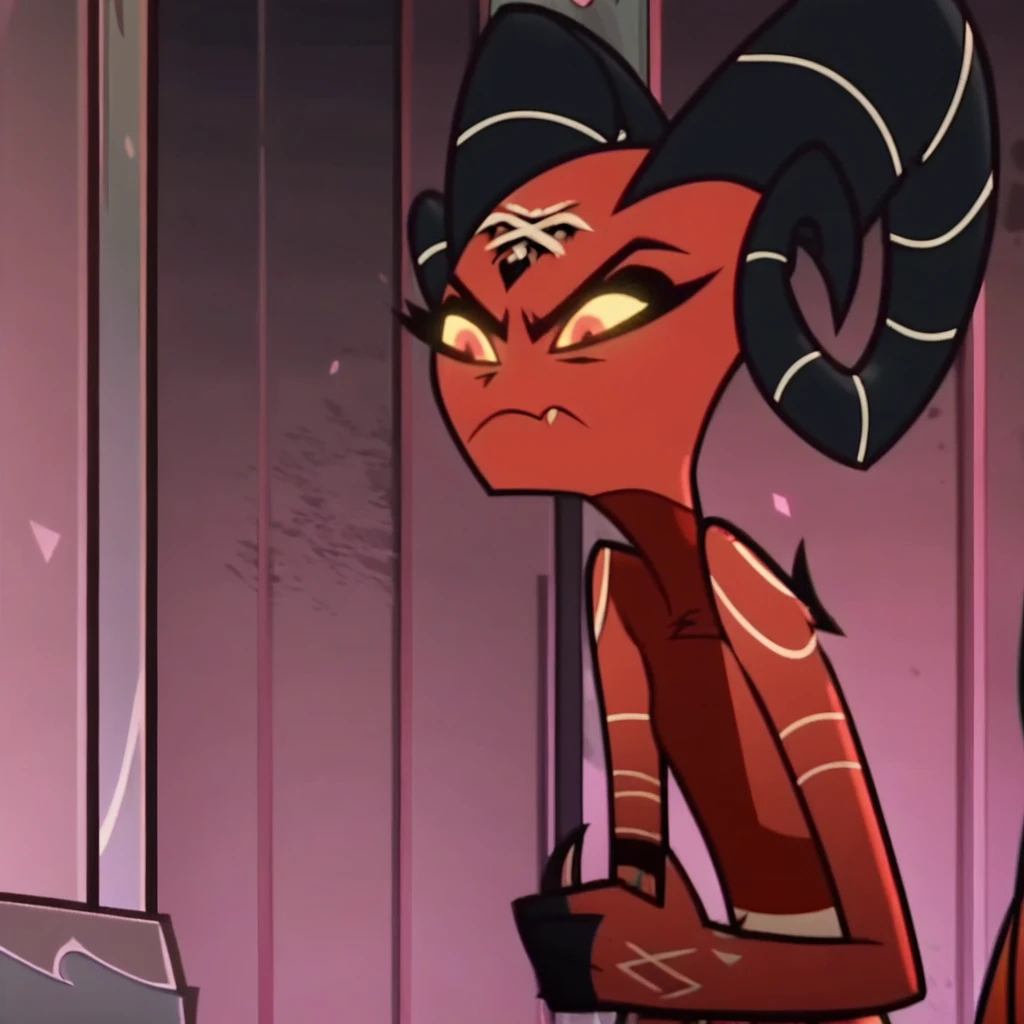 barbie wire, 1girl, demon girl, red skin, forehead tattoo, arm tattoos, horns, striped dress, leather jacket, screencap, front facing view, (:2), closed mouth,