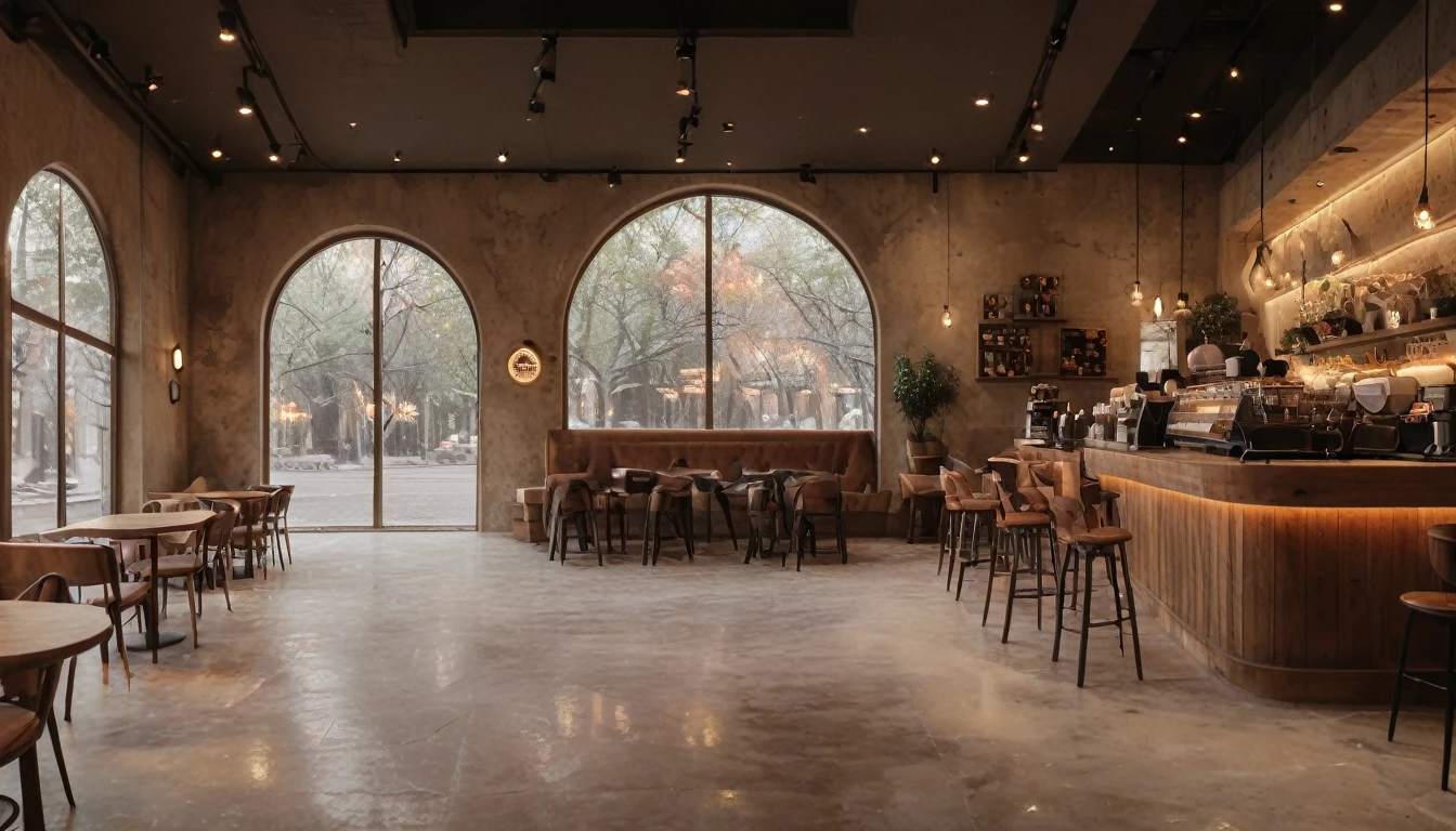 cozy coffee shop interior at night with a big window in the center