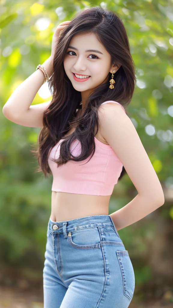 ultra high detailed, an indian girl, cute smile realistic face, happy, long hair, impressive hairstyle, detailed eyes, detailed lips, indian top jeans pant pink wearing jewellery, nature background, studio , clear weather, whole body capture,noch slim image long