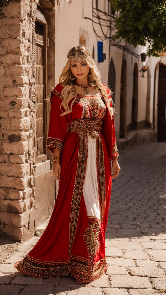 beautifull hot german blonde, robe kabyle, berber, amazigh dress, kabyledress, tizi ouzou, berber outfil, kabylegirl, bijoux, street background, full body, realistic,red robe