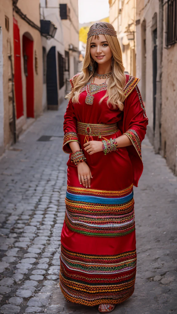 beautifull hot german blonde, robe kabyle, berber, amazigh dress, kabyledress, tizi ouzou, berber outfil, kabylegirl, bijoux, street background, full body, realistic,red robe