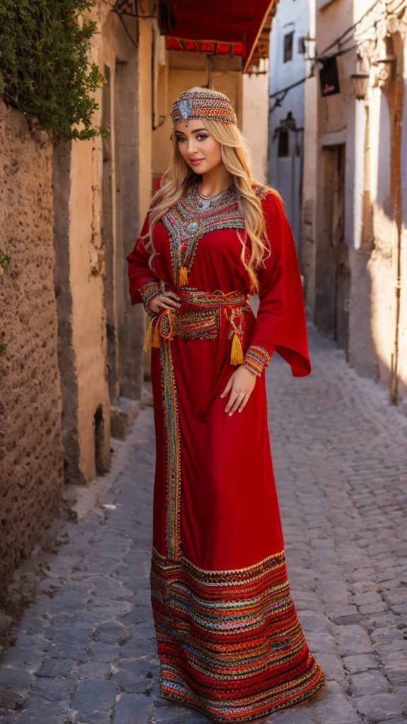 beautifull hot german blonde, robe kabyle, berber, amazigh dress, kabyledress, tizi ouzou, berber outfil, kabylegirl, bijoux, street background, full body, realistic,red robe