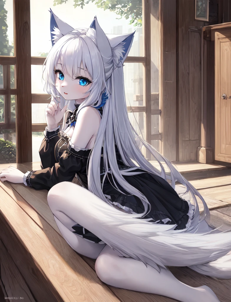 (4k,masterpiece, best quality:1.2), 1 girl, alone,wolf tail,cat ears,White fur,blue eyes,long white hair
