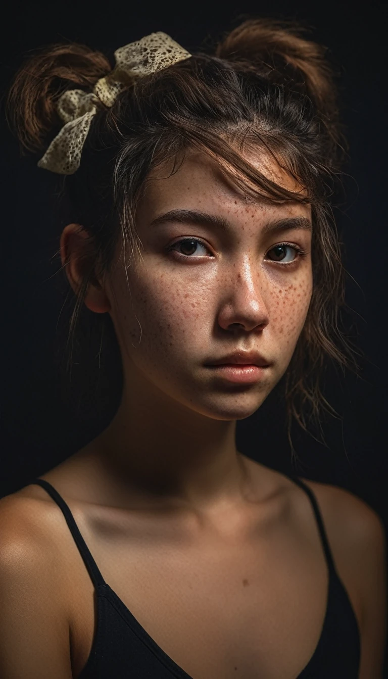 portrait of a shadowy girl in the void, highly textured imperfect acne skin, cute hair accessories, light and shadow, anti-aliasing, color-graded, floating motes, dynamic volumetric lighting, nikon D850