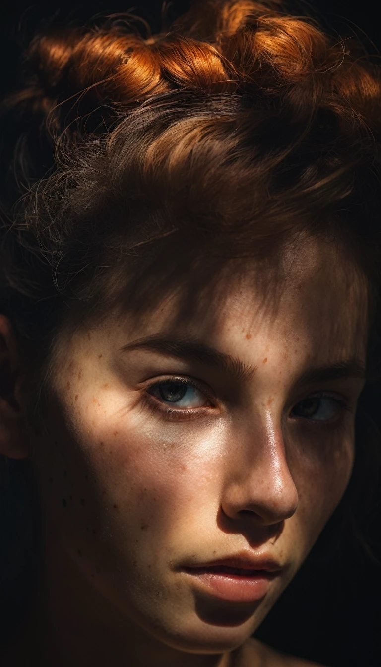 portrait of a shadowy girl in the void, highly textured imperfect acne skin, cute hair accessories, light and shadow, anti-aliasing, color-graded, floating motes, dynamic volumetric lighting, nikon D850