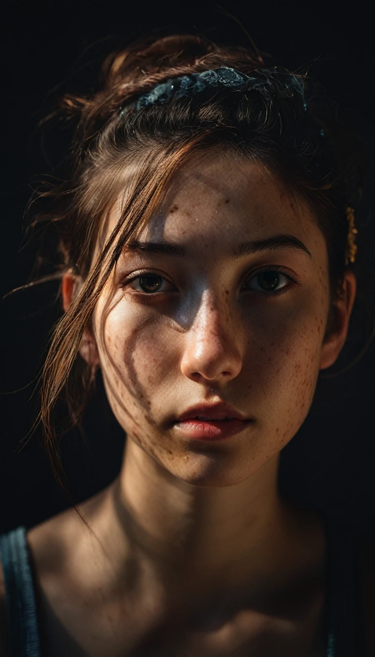 portrait of a shadowy girl in the void, highly textured imperfect acne skin, cute hair accessories, light and shadow, anti-aliasing, color-graded, floating motes, dynamic volumetric lighting, nikon D850