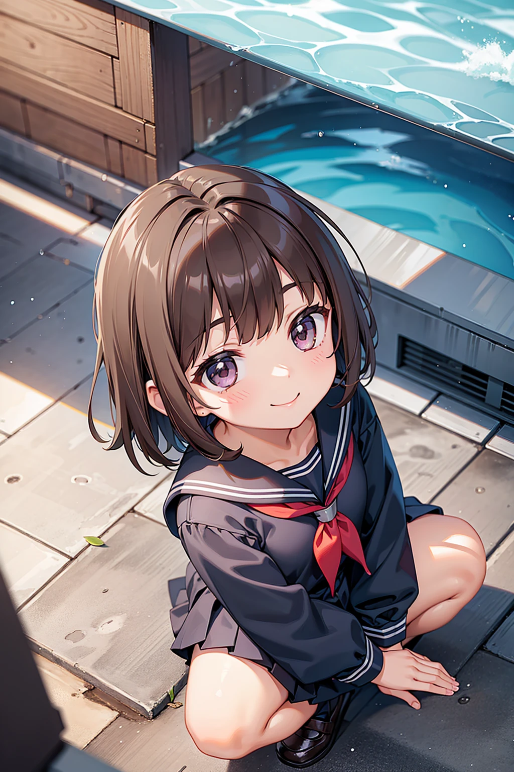 (One girl)、smile、Dark brown short hair、high school girl、Sailor suit、Looking up、Crouching、Invite