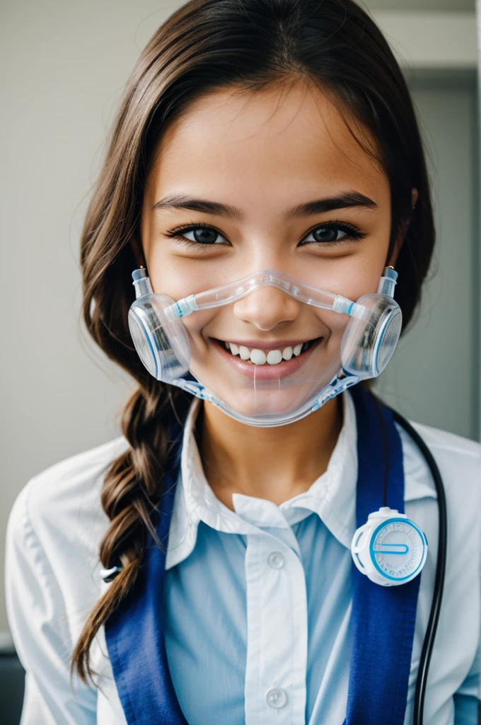 Girl with clear medical oxygen mask on her face smile photo