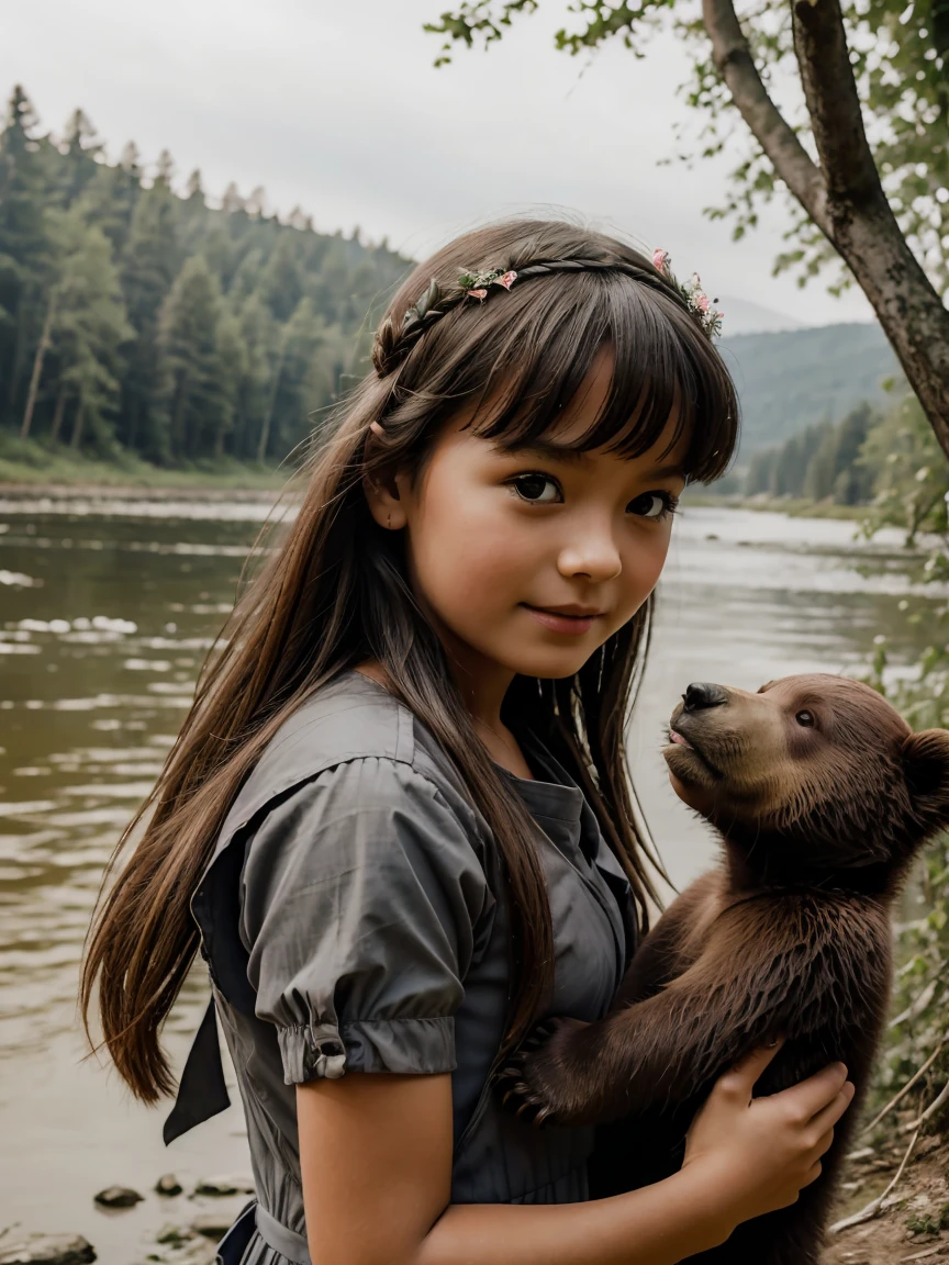 (Best quality), girl about , close-up, In the woods, on riverside, hut, girl in a short gray dress, Ancient Style, there are two live bear cubs on the shore, noon, Beautiful landscape, without headdress, girl plays with live bear cubs
