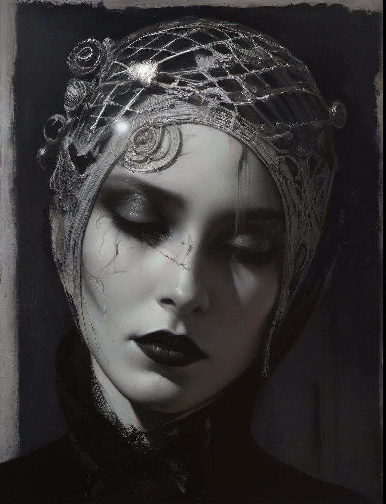 James Gurney, Surrealist art , dream-like, mysterious, Provocative, symbolic, Complex, detailed,, (Gothic but very beautiful:1.4), (masterpiece, Highest quality:1.4) , Nicola Samori Style, Monochrome female portrait