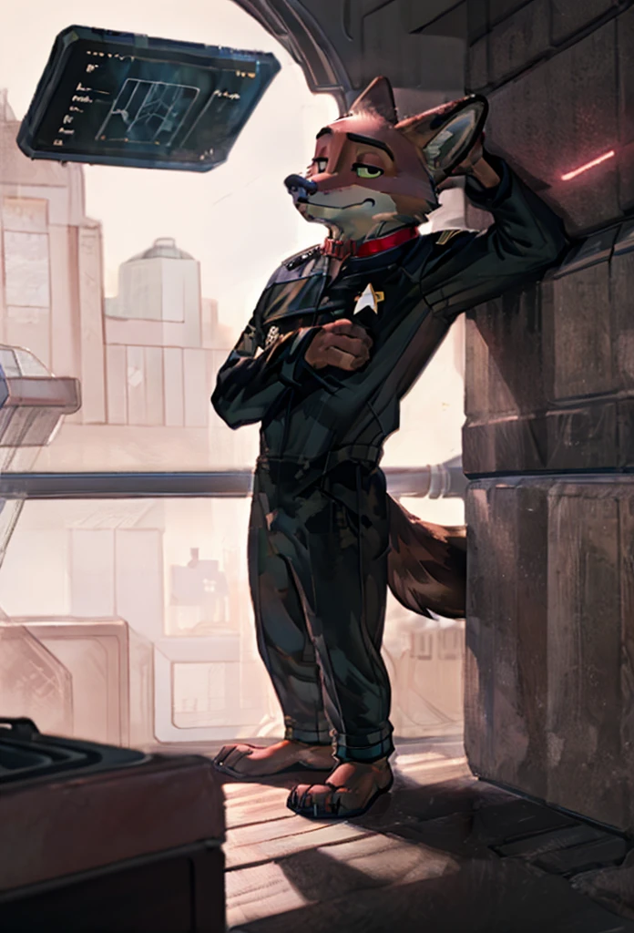 (((Barefoot furry character, full body, cinematic setting, furry male, plantigrade))) 

(((Nick Wilde))) exudes confidence and authority as he sits in the captain's chair, and his (((Star Trek DS9 uniform))) with the Starfleet Delta badge on his chest is a perfect match for his muscular figure. Handsome clawed feet paws dominate the bridge of the star ship and its crew. (((black and grey ds9st uniform with red collar))). Bridge of starship with many screens and consoles as background, futuristic look, metalic. anatomically correct, Long black pants, black shirt with gray shoulders, red collar.

BREAK, intricate details, highly detailed, extreme detail, octane render, fine art, best quality, highres, (detailed face:1.5), ((full_body)), UHD, (((perfect hands))), low light