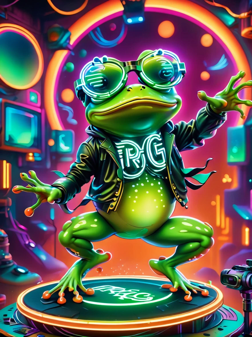 (Frog wearing big glasses:1.3), A digital illustration depicting a green cartoon frog in a dynamic dancing pose within a colorful virtual reality world teeming with neon lights and vibrant holograms. The scene bears the influences of both pop art and graffiti, a truly cyberpunk-inspired ensemble with explosive energy, created using digital painting methods and radiant, glowing effects.
