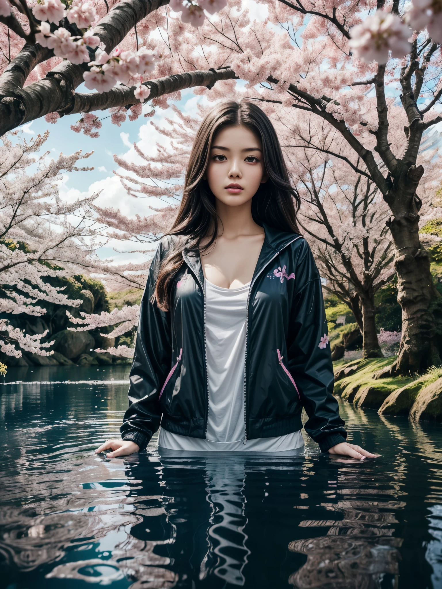 1girl, medium wide shot, (full body:0.8), (detailed face), (looking at viewer:1.2), medium length hair, sportswear, mystical, supernatural, cherry blossom tree on water, shimmering waterfalls, (graffiti walls:1.2), water reflection, magical atmosphere, enchanting luminescent glow, (best quality), masterpiece, vibrant and contrast color, gigantic breast,