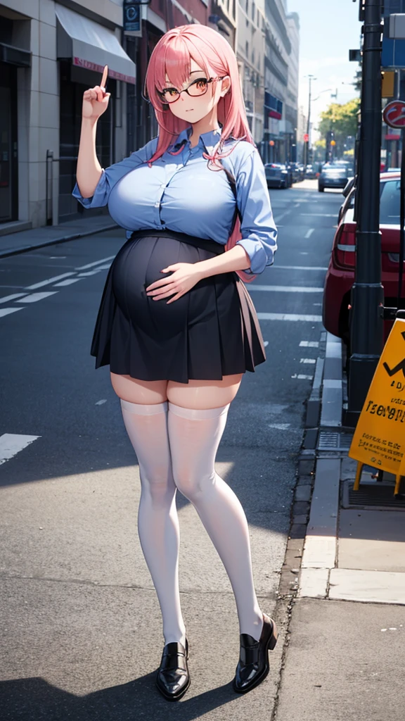(Full body, glasses, detailed, 1girl), An image of a pregnant girl with pink hair, orange eyes, big breasts. (She is wearing a light blue shirt, a black skirt and white thighhighs)