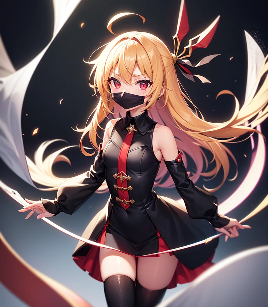 ((Red metal collar)),((Blindfold)),((Mouth gag)),Cute ,Tiny ,Small ,Childish face, Very fine clean face,Top quality, Big eyes,Straight Hair,Yellow hair,Crimson Eye,(Dark Room), Subtle light, Natural light,Soft lighting,Light from directly behind, (Are standing), Cute pose, (Open your hands), Showing the whole body,Front view,Black background