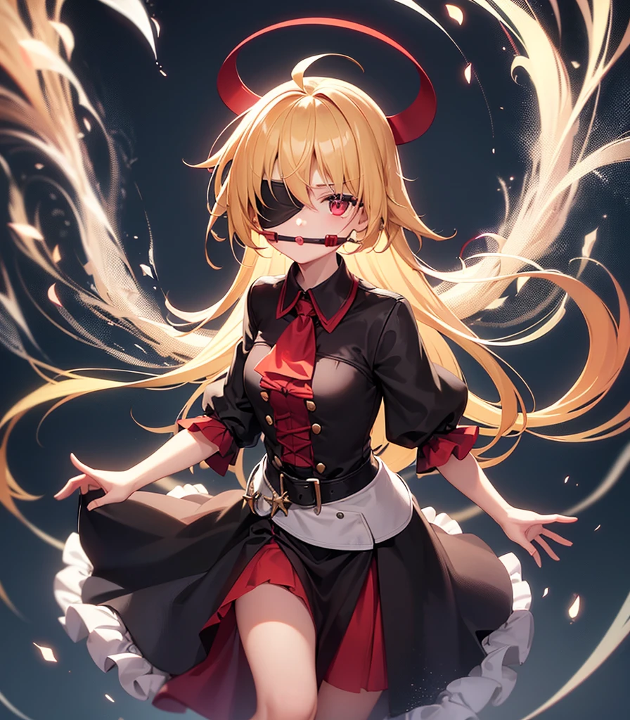 ((Red metal collar)),((Blindfold)),((Mouth gag)),Cute little ,Tiny ,Small girl,,Childish face, Very fine clean face,Top quality, Big eyes,Straight Hair,Yellow hair,Crimson Eye,(Dark Room), Subtle light, Natural light,Soft lighting,Light from directly behind, (Are standing), Cute pose, (Open your hands), Showing the whole body,Front view,Black background