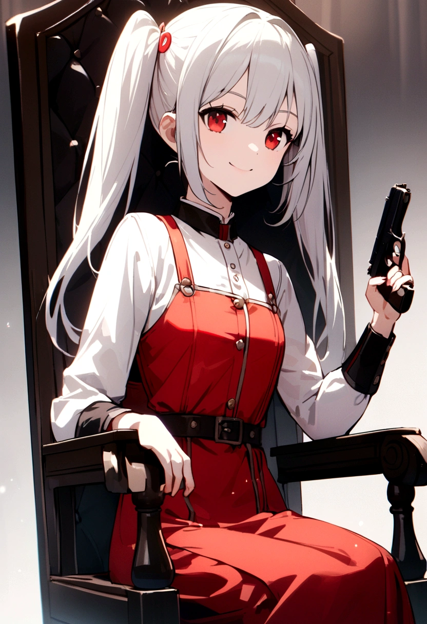 White twin tails、Smiling girl with red eyeaid clothes、He has a gun in his right hand、Sitting in a chair