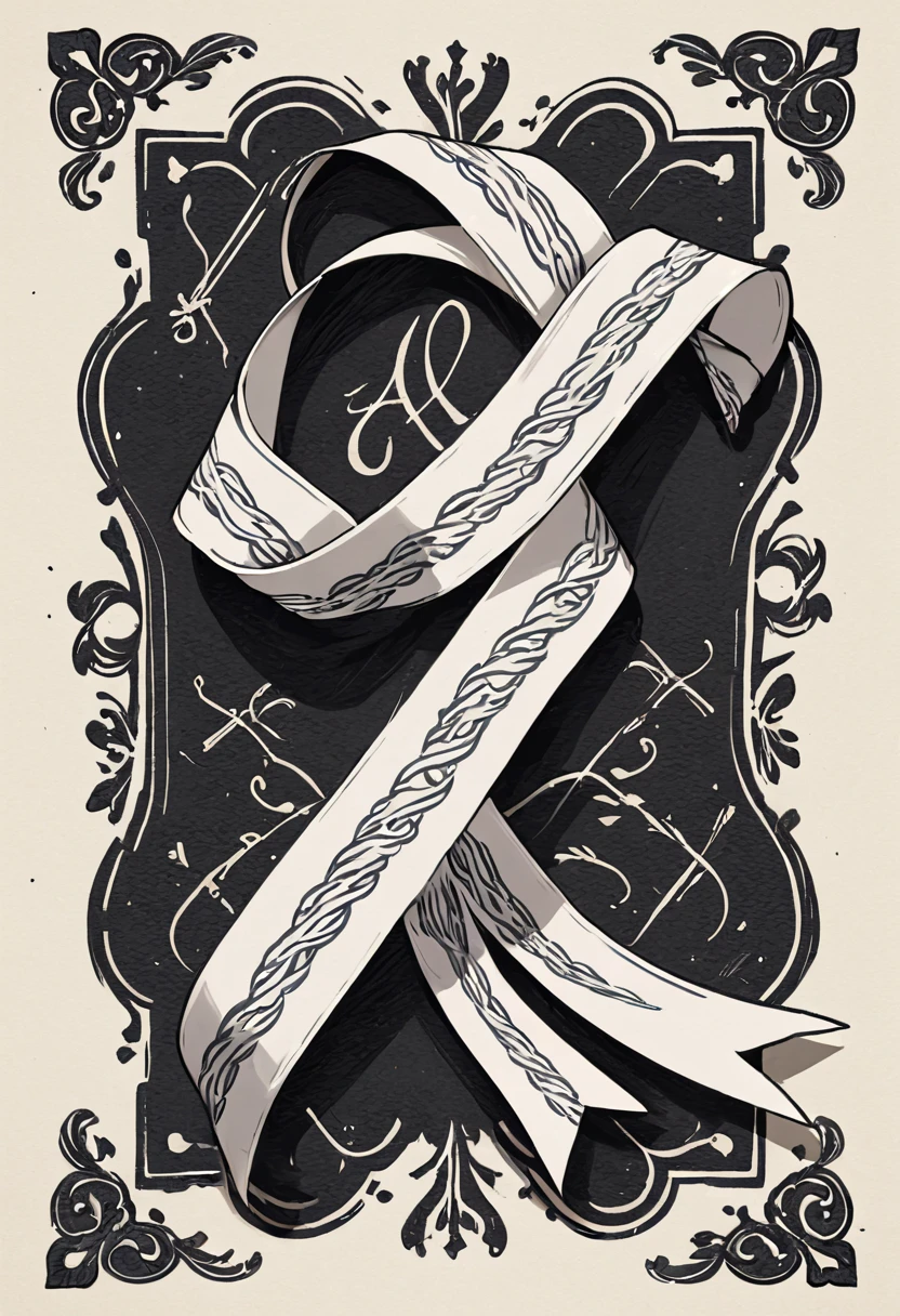 masterpiece、super beautiful、8K、Asymmetric、Long wavy ribbon、flat、An illustration of a ribbon tied in a bowknot, drawn with worn lines in the style of medieval black and white letterpress printing.