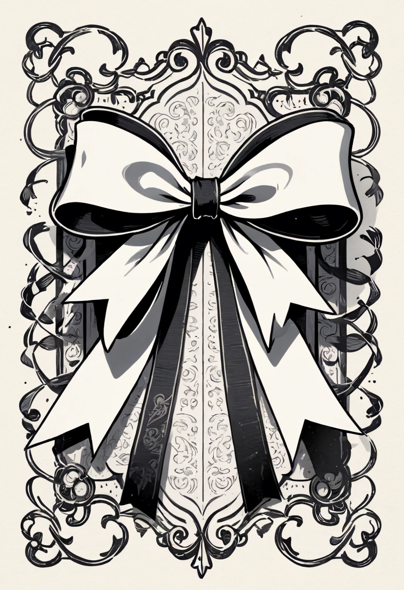 masterpiece、super beautiful、8K、Asymmetric、Long wavy ribbon、flat、An illustration of a ribbon tied in a bowknot, drawn with worn lines in the style of medieval black and white letterpress printing.