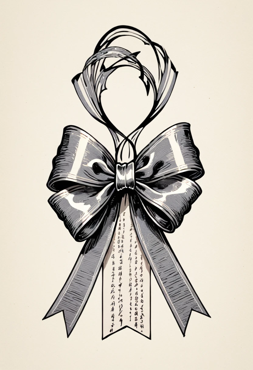 masterpiece、super beautiful、8K、Asymmetric、Long wavy ribbon、flat、An illustration of a ribbon tied in a bowknot, drawn with worn lines in the style of medieval black and white letterpress printing.