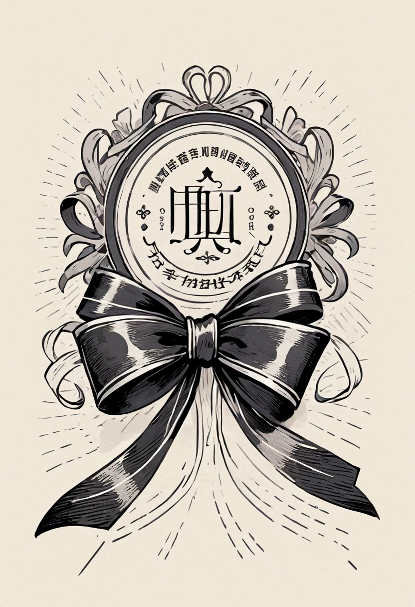 masterpiece、super beautiful、8K、Asymmetric、Long wavy ribbon、flat、An illustration of a ribbon tied in a bowknot, drawn with worn lines in the style of medieval black and white letterpress printing.