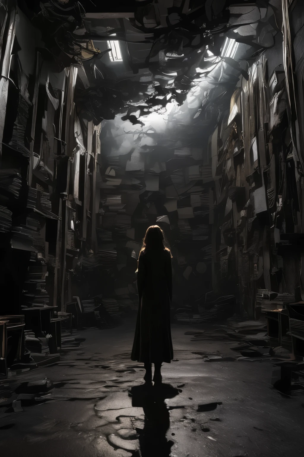 (best quality, masterpiece, 1girl, dark world, black wall, stacking small white boxes, focused, highly detailed, dramatic lighting), ((Pitch black space, Pitch black walls))