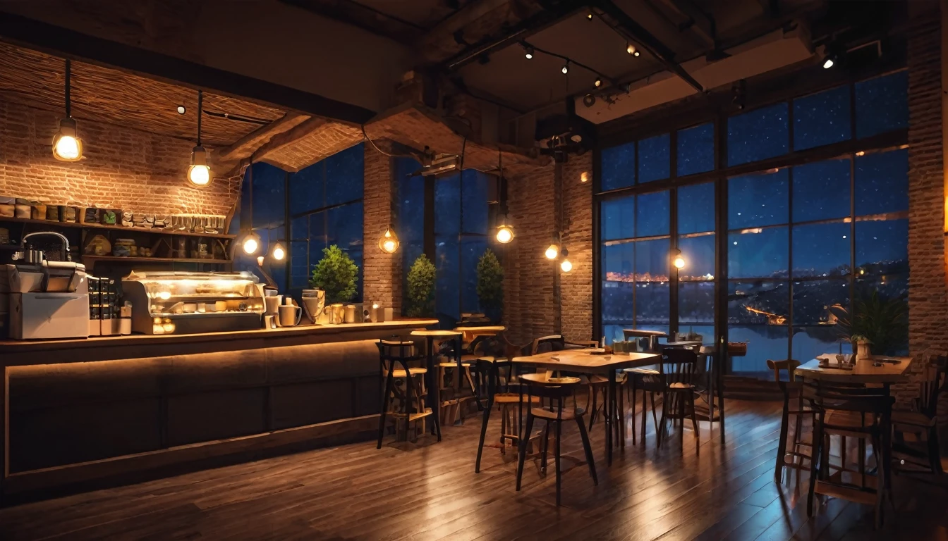 cozy coffee shop interior at night with a big window in the center