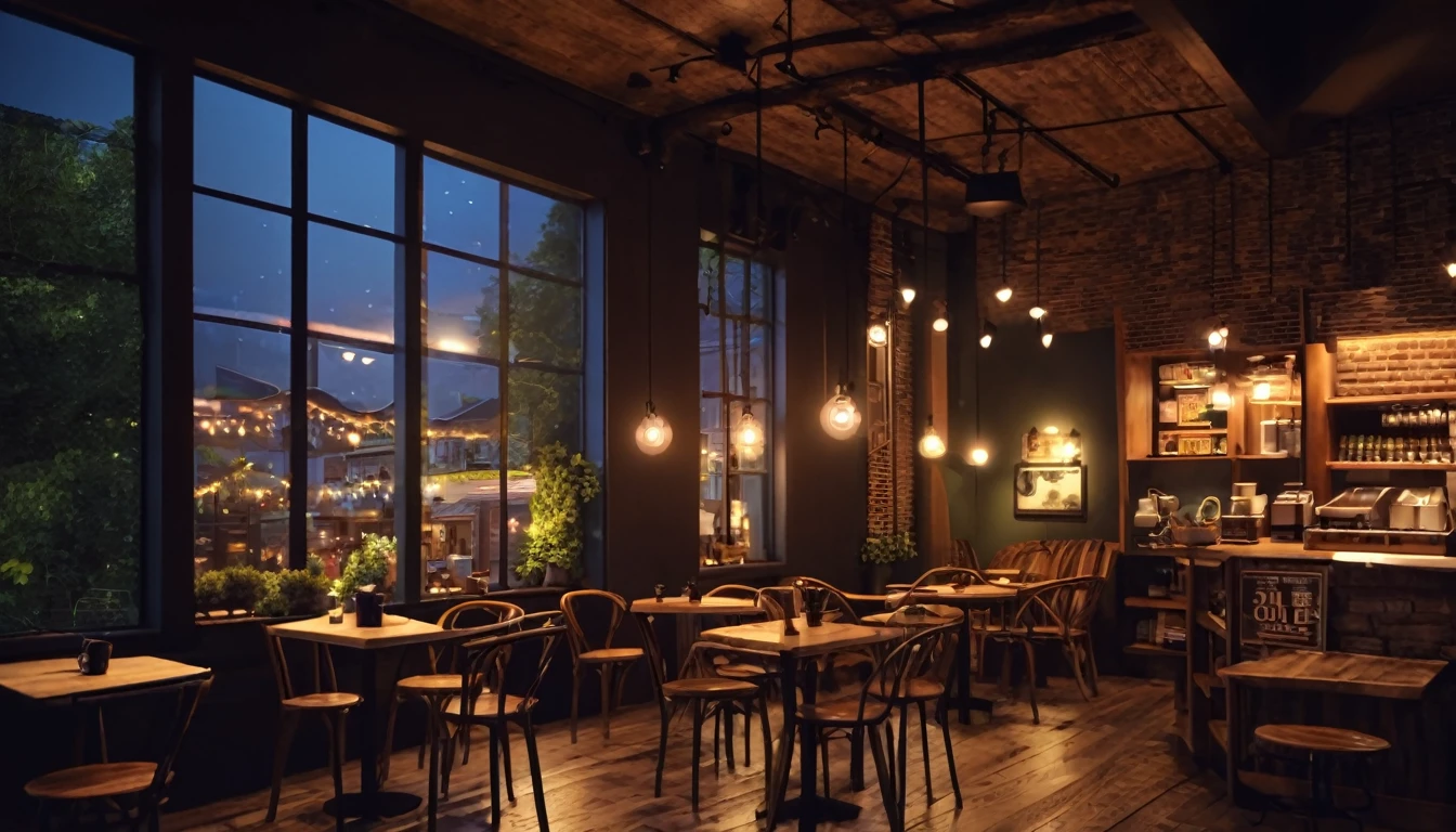 cozy coffee shop interior at night with a big window in the center