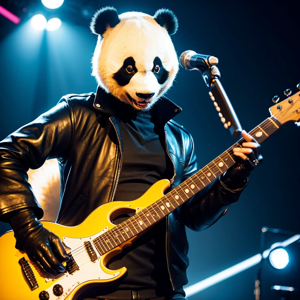 A panda wearing a leather jacket playing guitar in a studio.