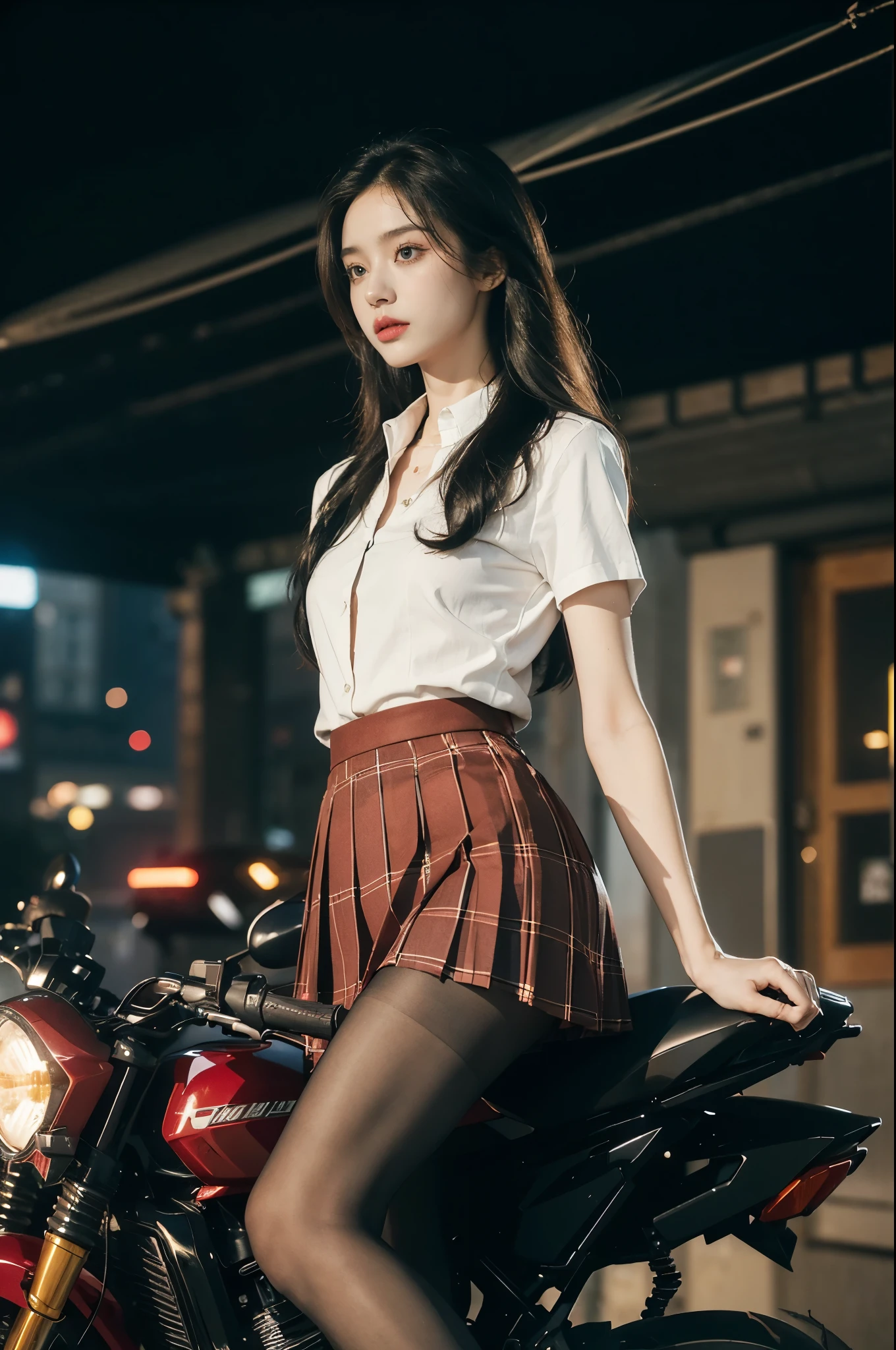 (((best quality))),(((ultra detailed))),(((masterpiece))),illustration,(1 beautiful girl,solo),((slim,thin)),((small breasts,flat chest)),(safety helmet:1.3),shoulder length straight hair,slender legs,cyberpunk, urban street,high school student, JK outfit,(riding on a motorcycle:1.3), sleek, (white collared short-sleeved shirt:1.3), (red checkered pleated skirt:1.3),(pantyhose:1.3), stylish boots, confidence, determination, dark streets,neon lights, skyscrapers, urban noises, traffic, sirens, city sounds, futuristic, dystopian society, technology, fashion, explosive cocktail, style, , modernity, attitude, spirit, anything is possible,from front