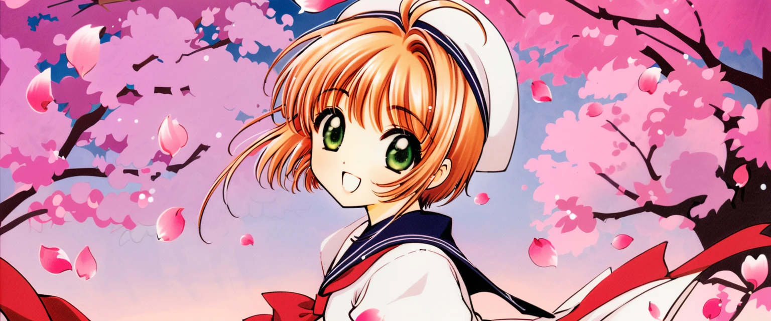 One girl,kinomoto sakura,alone,Uniforms of Tomoeda Elementary School,Green Eyes,Brown Hair,skirt,,Open your mouth,Have,Short sleeve,short hair,View your viewers,smile,petal,Puffy sleeves,black skirt,puffy Short sleeve,Antenna Hair,White Hat,Recall,cherry blossoms,Sailor collar,:d,white shirt,shirt,bangs,Put your arms behind your back,Traditional Media,