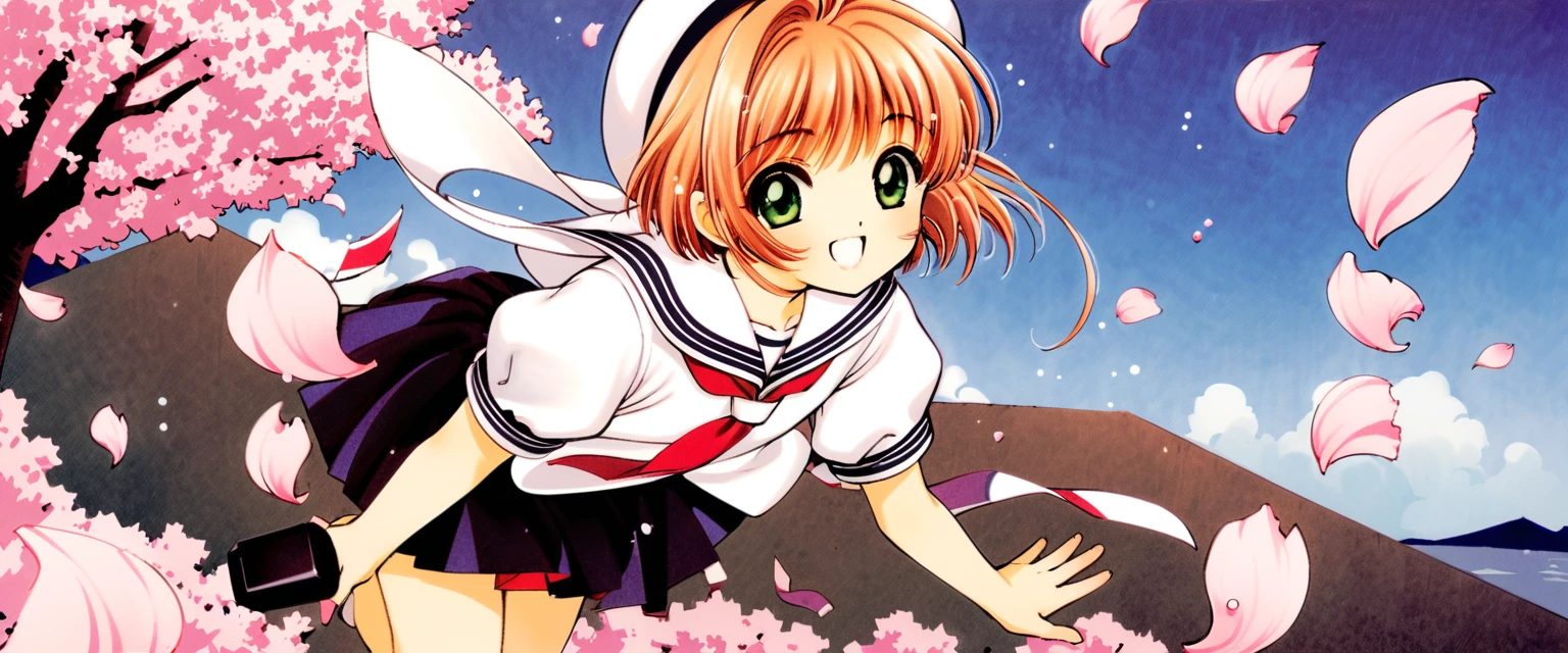 One girl,kinomoto sakura,alone,Uniforms of Tomoeda Elementary School,Green Eyes,Brown Hair,skirt,,Open your mouth,Have,Short sleeve,short hair,View your viewers,smile,petal,Puffy sleeves,black skirt,puffy Short sleeve,Antenna Hair,White Hat,Recall,cherry blossoms,Sailor collar,:d,white shirt,shirt,bangs,Put your arms behind your back,Traditional Media,
