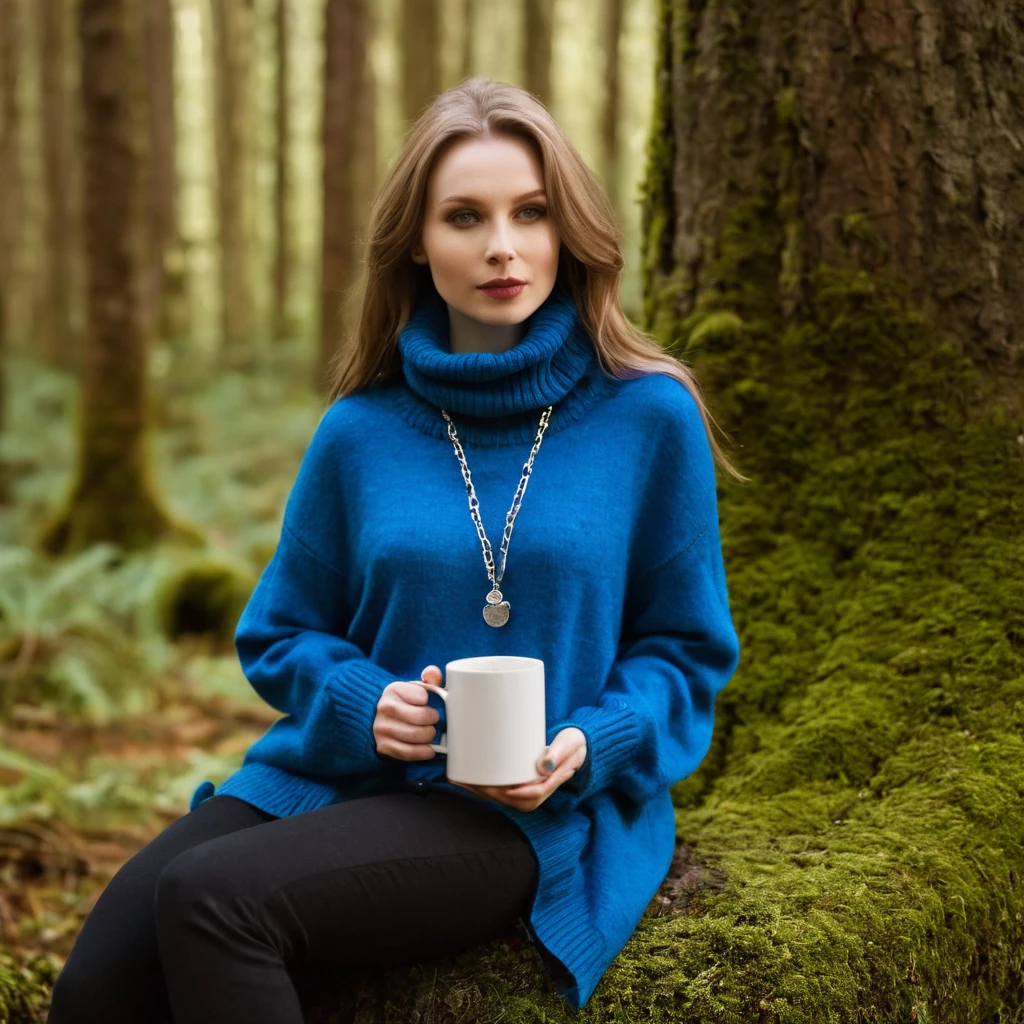 pale skin, ((evil slavic woman)), long dark blond hair, A close-up image of the enigmatic and captivating N1N15UN, with her distinctive bag slung casually over one shoulder, donning a vibrant blue shirt under a cozy turtleneck sweater and white sneakers, adorned with an intricate silver necklace. She's perched on the edge of a moss-covered tree stump in a serene forest grove, cradling a steaming mug of coffee between her hands, bathed in soft, warm sunlight filtering through the dense canopy above, exuding an air of quiet contemplation and creative inspiration.