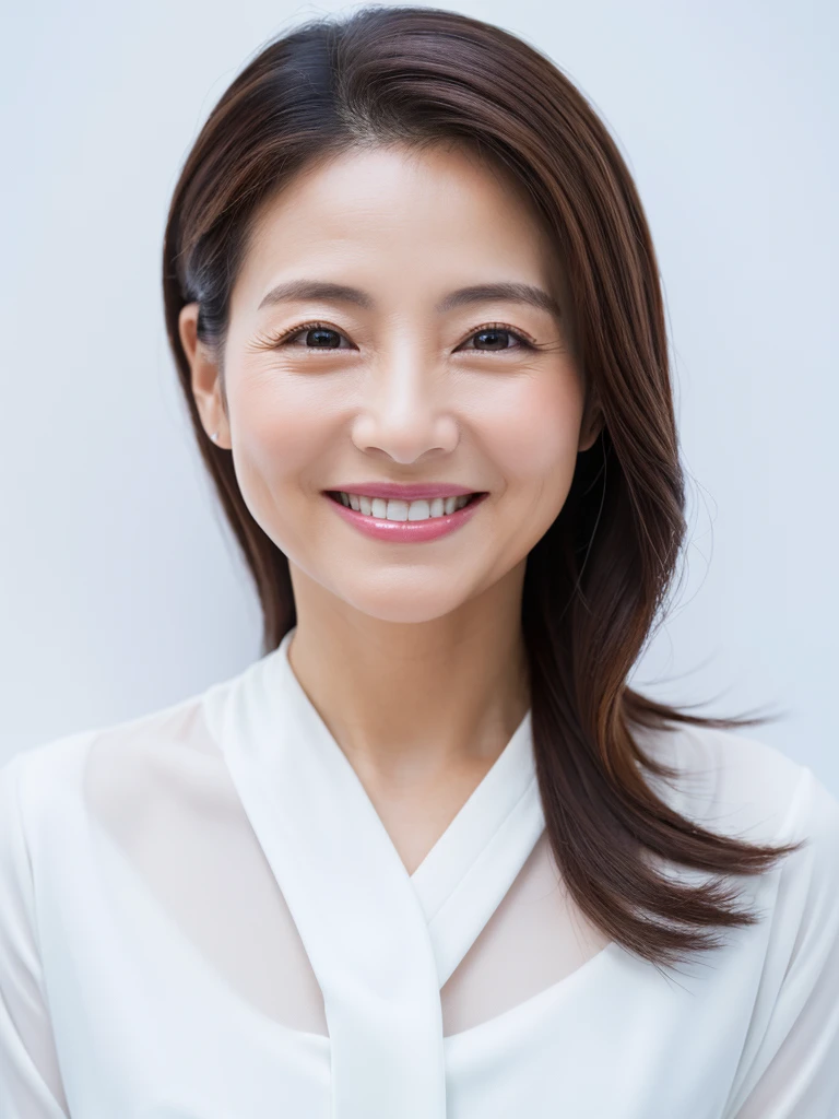 Highest resolution、Masterpiece、8K、40s、woman、Japanese、smile、Mature、Calm、Wide angle、Touching the cheek、White background、Whitening
