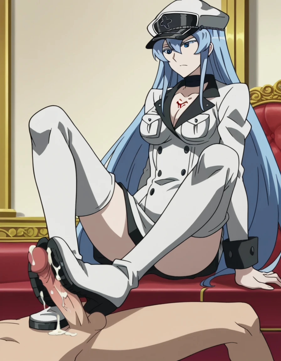 masterpiece, high quality, best quality, 1girl, esdeath, long blue hair, white peaked cap, blue eyes, white military uniform, long sleeves, white thigh high boots, choker, cleavage, anime screencap, anime key visual, femdom, sadism, penis, testicles, trampling, boots crushing penis, stepped_on, penis, sadism, cum on boots, footjob, nsfw, uncensored