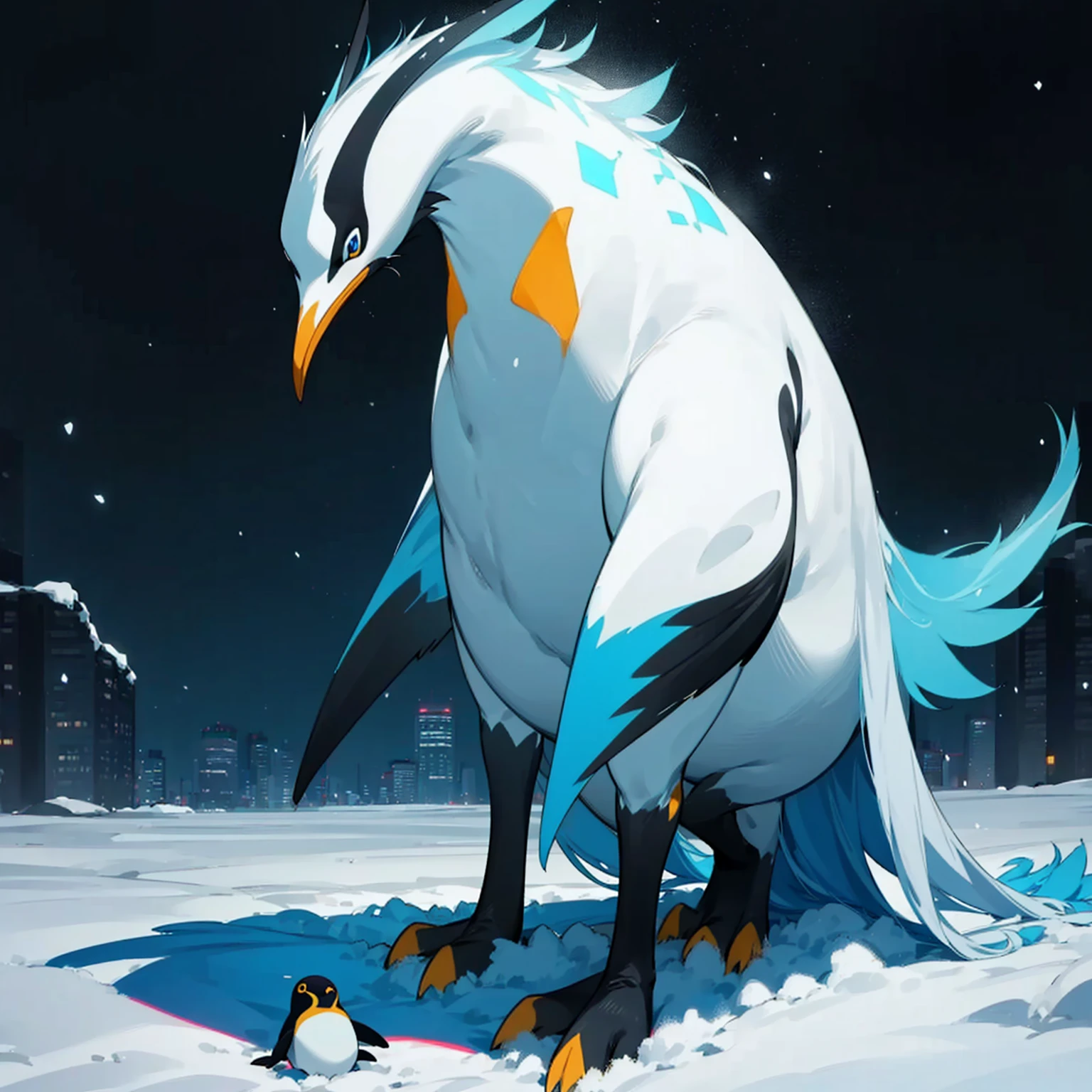 Mixed Animaly Evolution, Full body version, watusi mixed with penguin, blue eyes, has four long horns, largest body, very tall height, Grassroots in snow, in the middle of the city, his body glows blue, glows blue, long hair blue half black, 