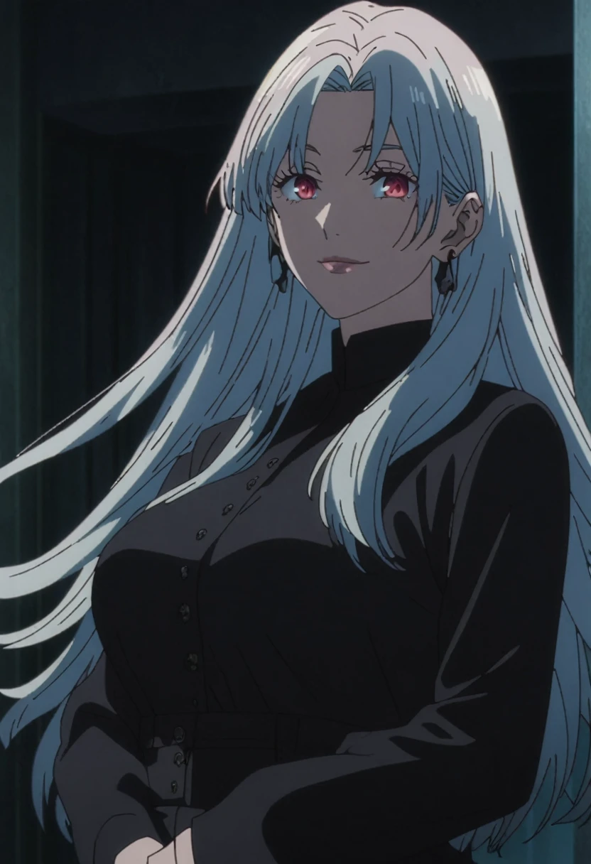 1girl, female gojo satoru, anime screencap from jujutsu kaisen, gojo satoru female version, solo, very long_hair, ((smooth texture hair)) ((black blindfold)), ((very long white_hair)), night view, breasts, upper_body, smile, indoors, book, bangs, lips (( very long hair, swept bangs)) wearing black color sweater, breast, "very detailed and high resolution" (black blindfold) ((one hand on the chin))  ((smooth texture hair)) ((solo)) ((high resolution)) ((upper body)) (Good quality)  cleavage, (sitting)